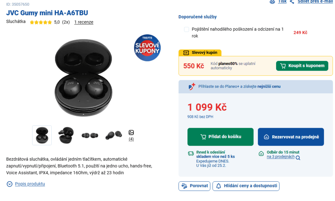 BT sluchátka JVC, 23 hodin