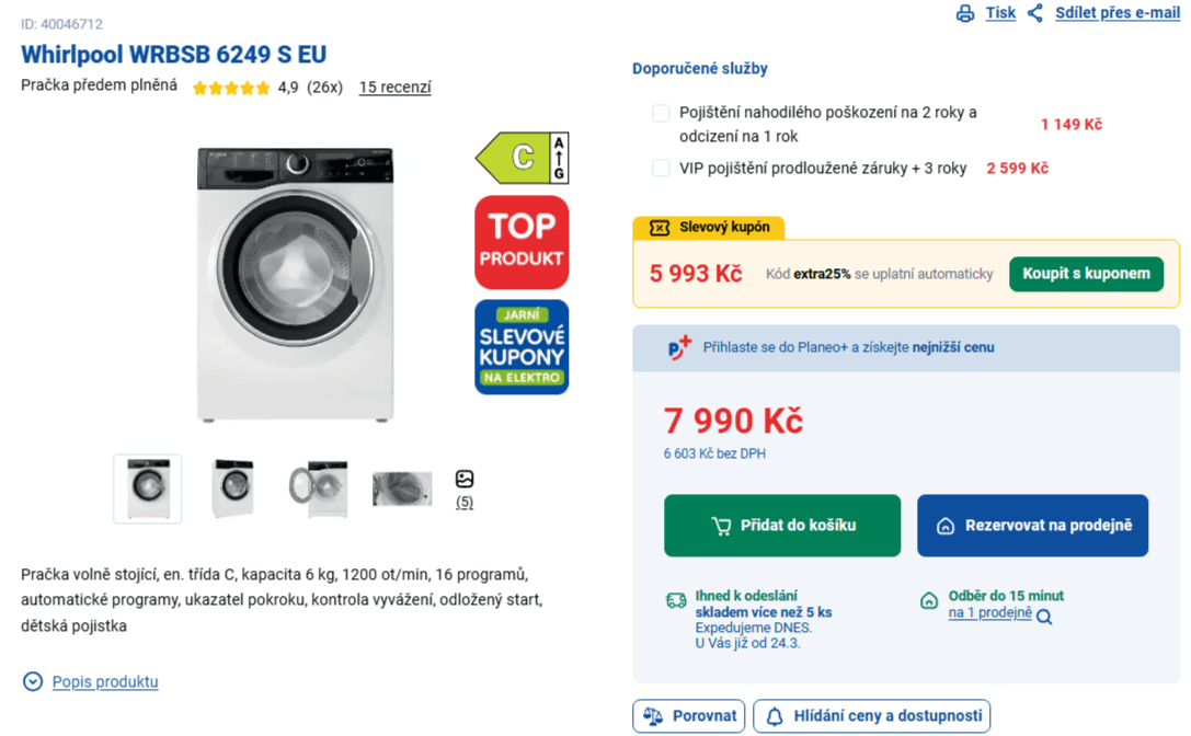 Úzká pračka Whirlpool 6kg, 1200ot., C