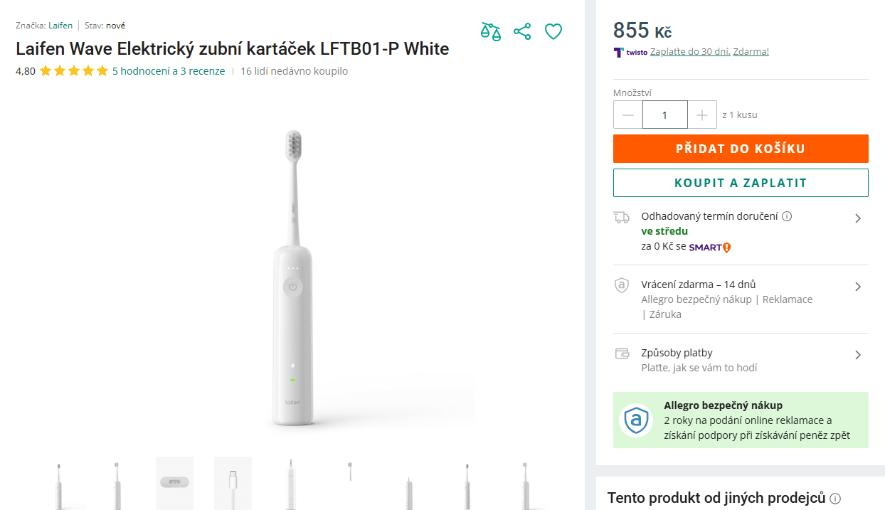 Sonický el. kartáček Laifen, BT, 30 dnů