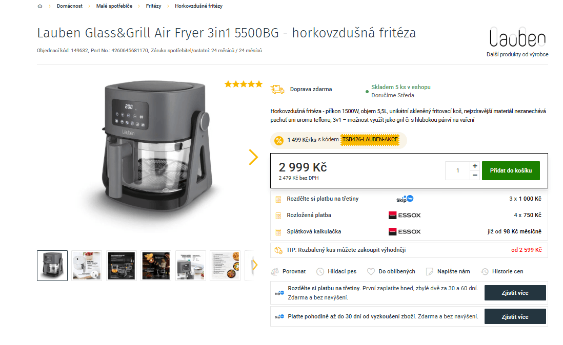 Horkovzdušná fritéza Lauben, 3v1, 5,5 litru