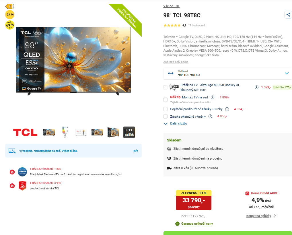 4K QLED Smart TV, 249 cm, 120Hz, TCL