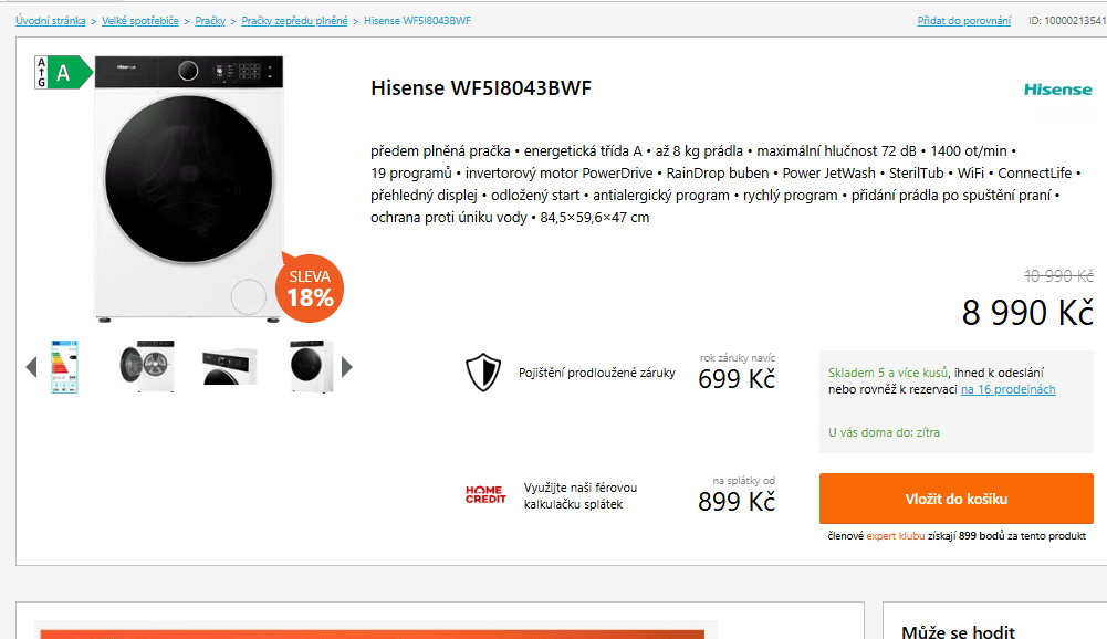 Pračka Hisense 8kg, 1400ot., pára, A, Wifi