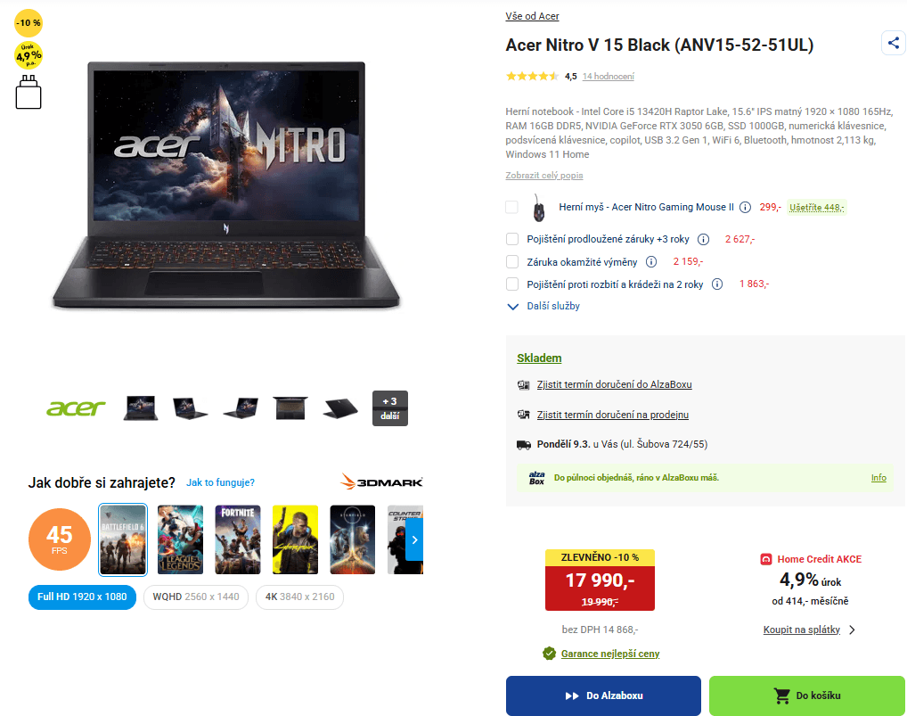 Acer 4,6GHz, 16/1000GB, 6GB Nvidia, 15,6"