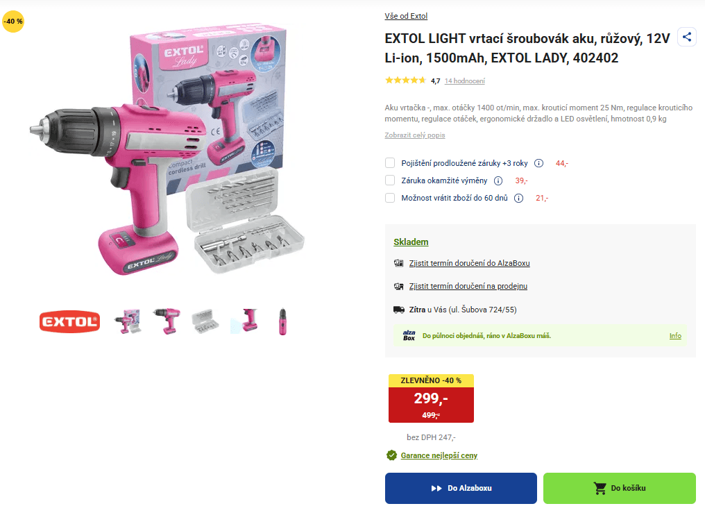 AKU šroubovák/vrtačka Extol Lady, nabíječka, bity