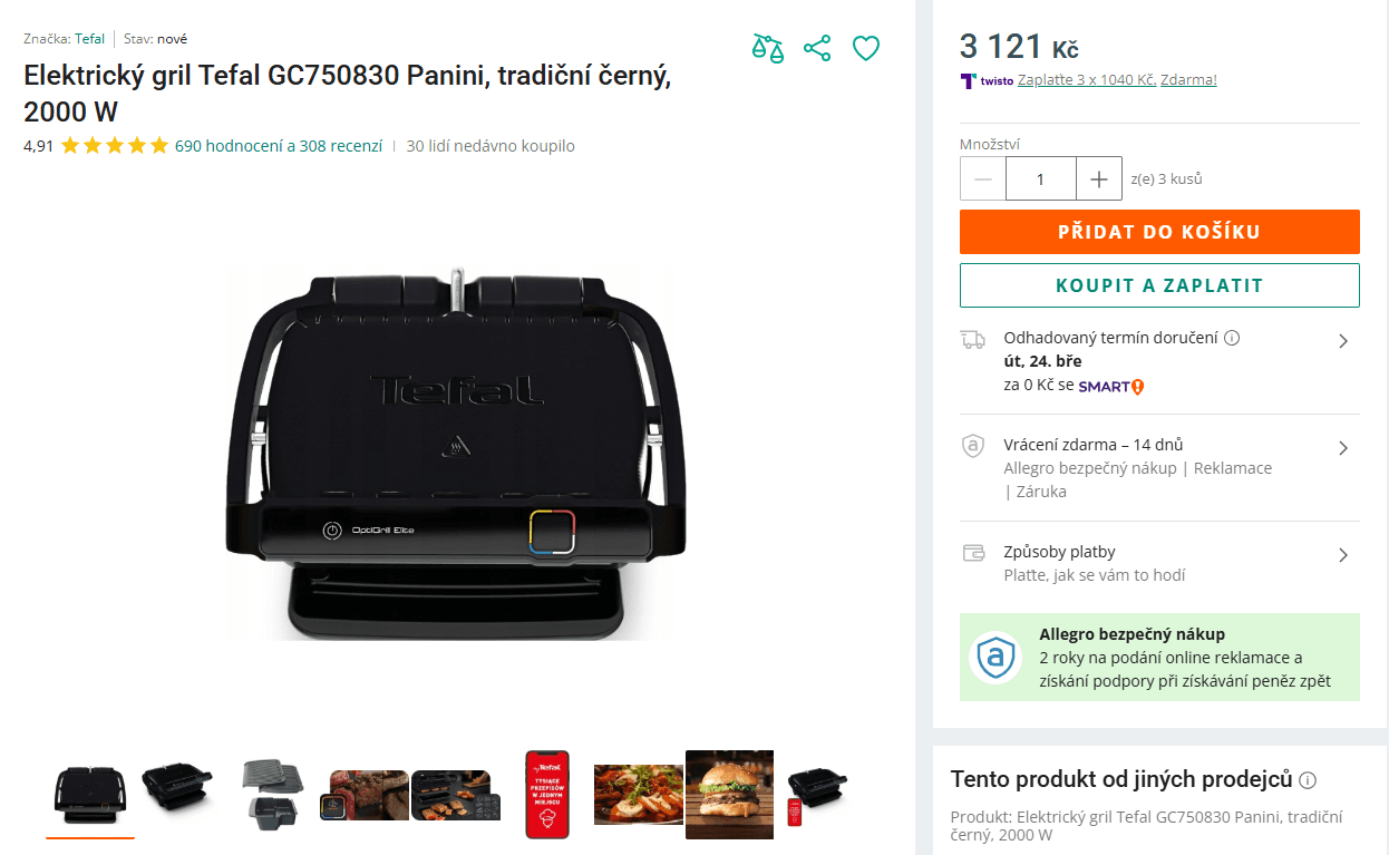 El. gril Tefal OptiGrill Elite 30x20 cm, 12prg