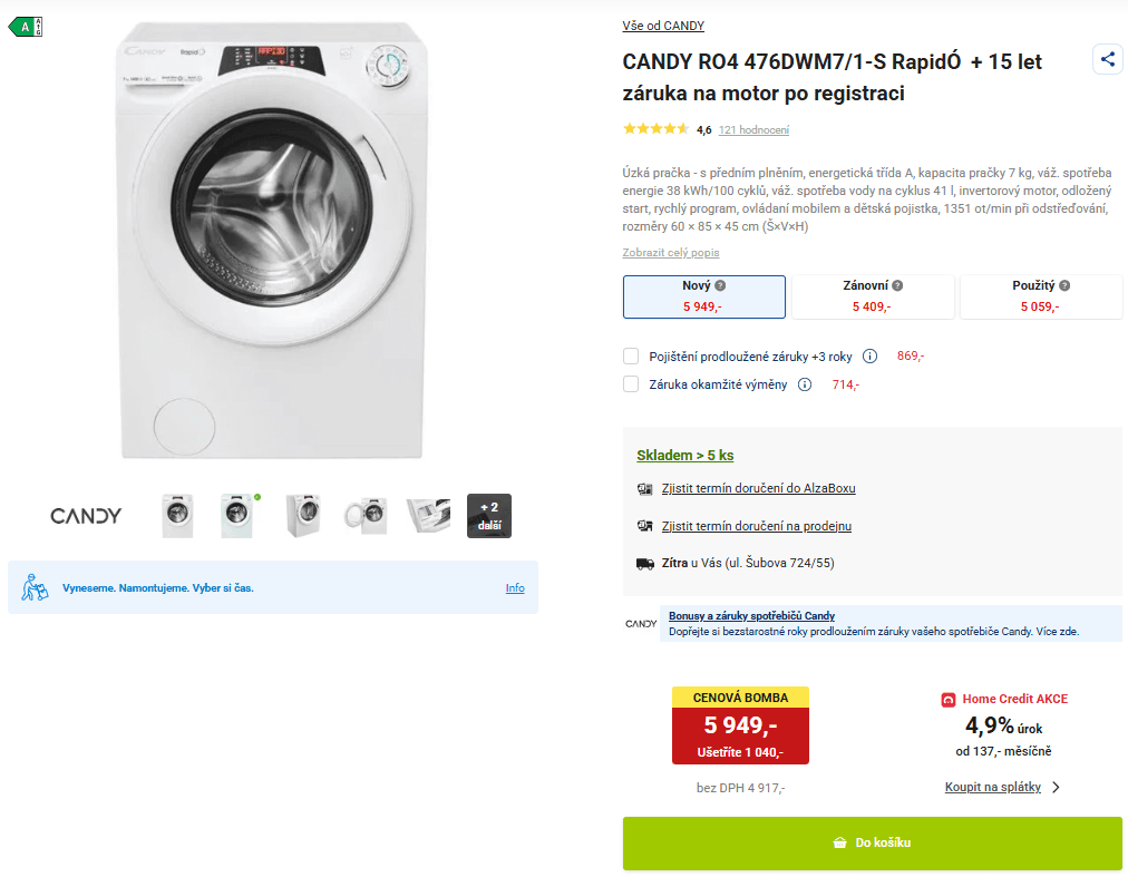 Pračka Candy 7kg, 1400ot., Wifi, pára, 45cm