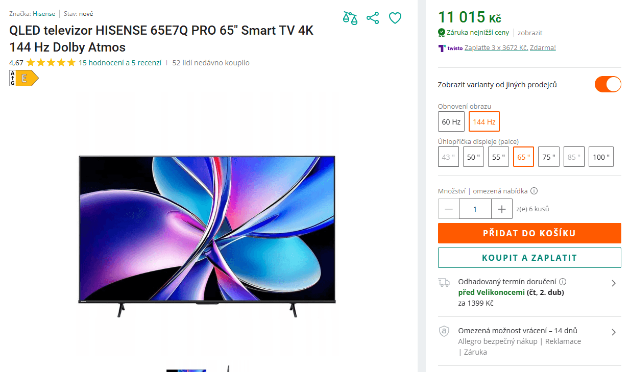 4K QLED Smart TV 164 cm, 100 Hz, Hisense