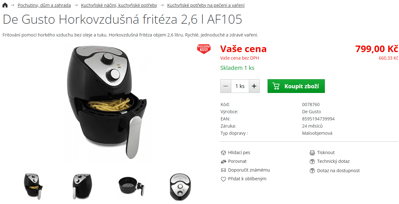 Horkovzdušná fritéza De Gusto 2,6 litru