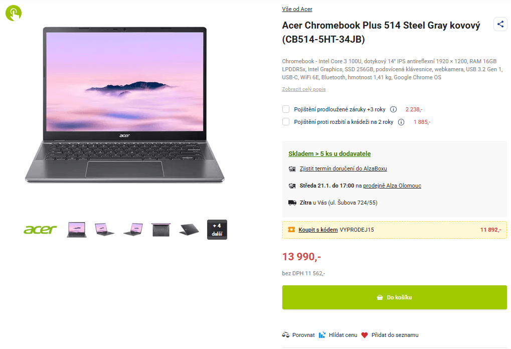Chromebook Acer 4,7GHz, 16/256, dotyk 14"