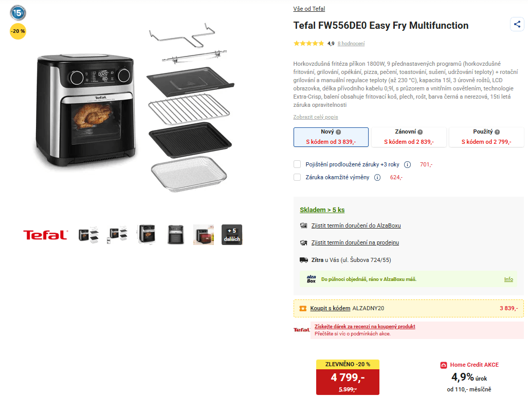 Horkovzdušná fritéza Tefal, 9 prg, 15 litrů