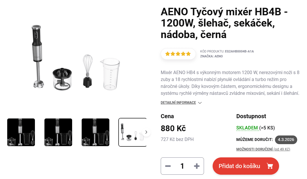 Tyčový mixér / šlehač Aeno 18 rychlostí, 1200W