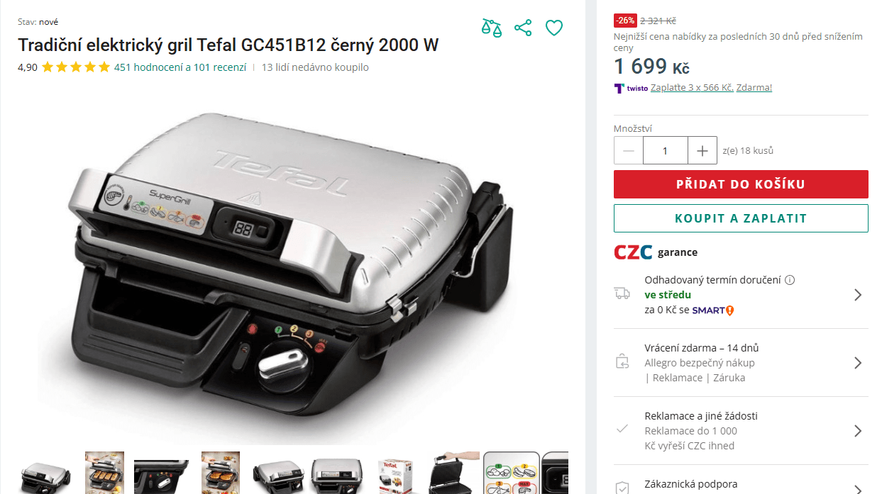 Kontaktní gril Tefal SuperGrill 32x24 cm