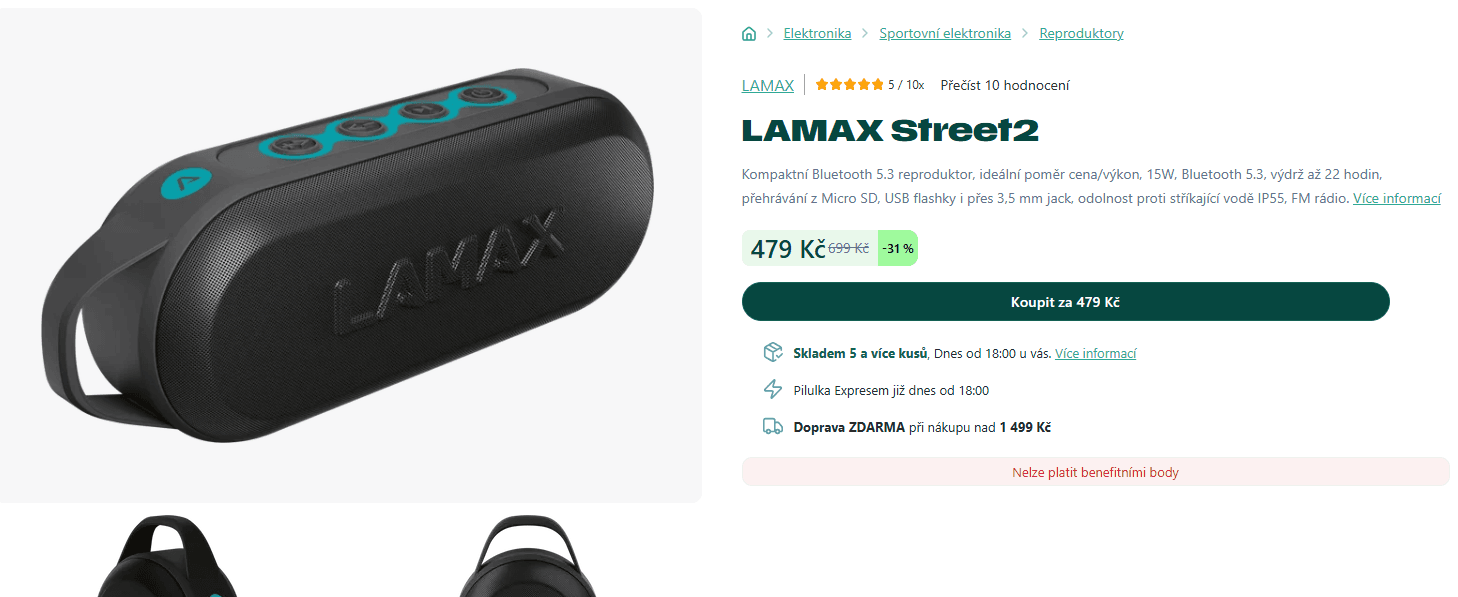 BT repro LAMAX Street2, 15 W, 22 hodin