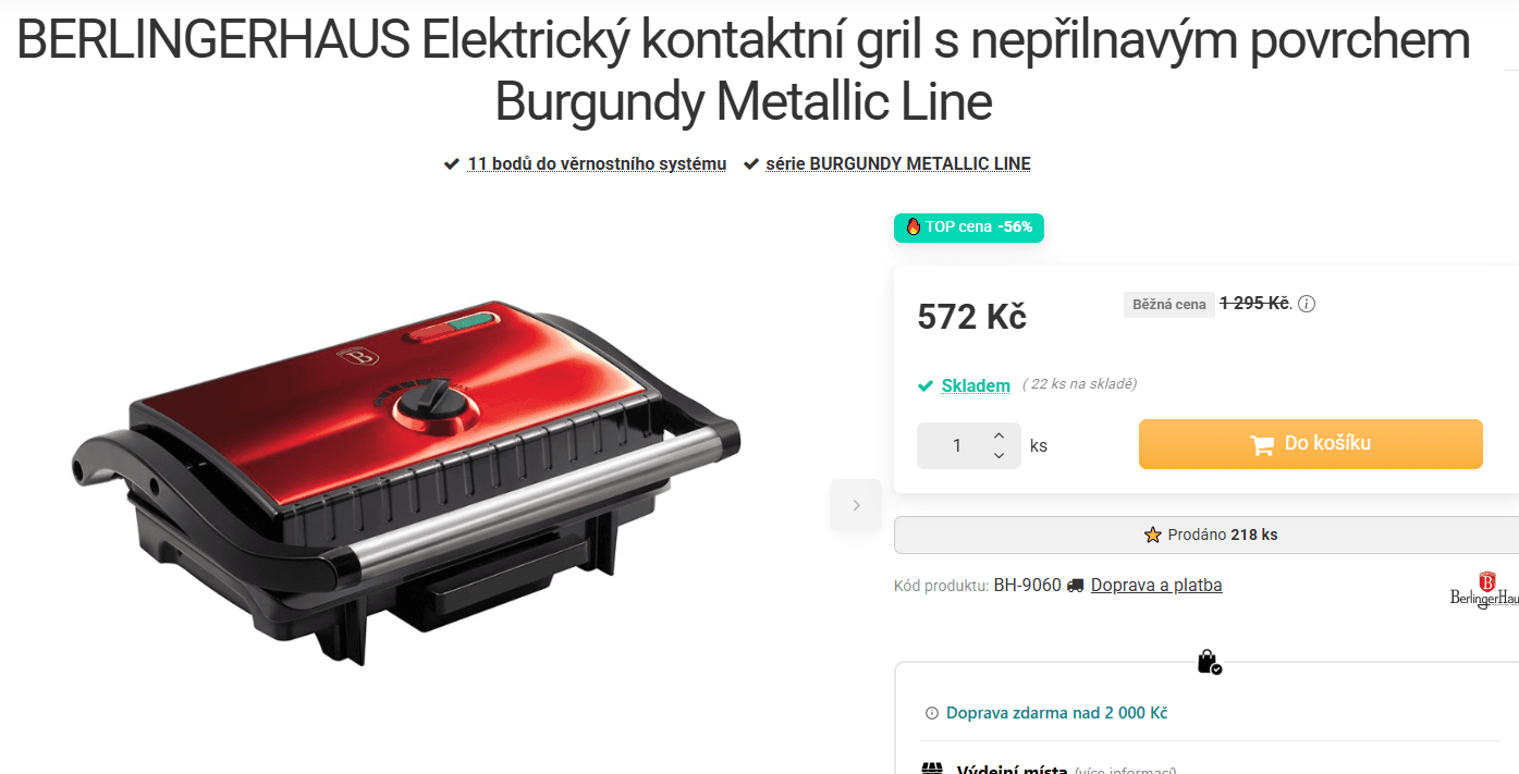 El. kontaktní gril BerlingerHaus 24x19 cm