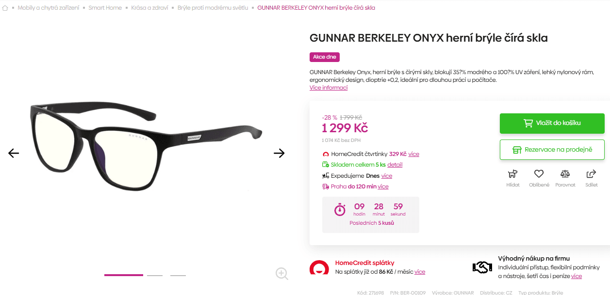 Herní brýle s čirými skly GUNNAR Berkeley Onyx
