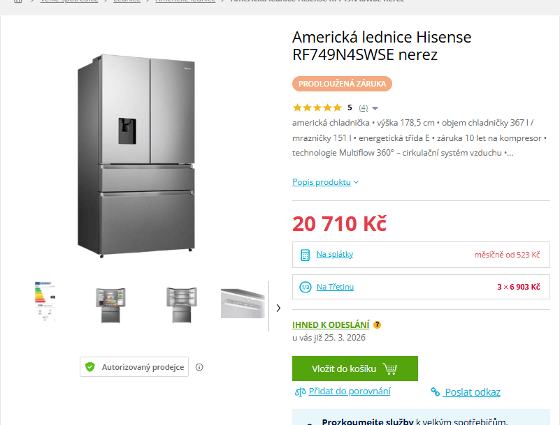 Americká lednice Hisense, voda, 179cm