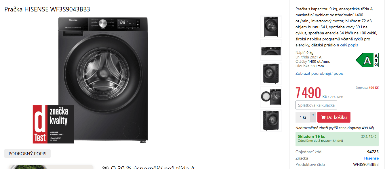 Pračka Hisense 9kg, 1400ot., pára, A, Wifi, dTest