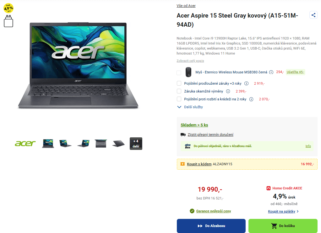 Acer i9 5,4 GHz, 16/1000GB, 15,6"