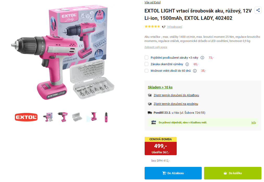 AKU šroubovák/vrtačka Extol Lady, nabíječka, bity
