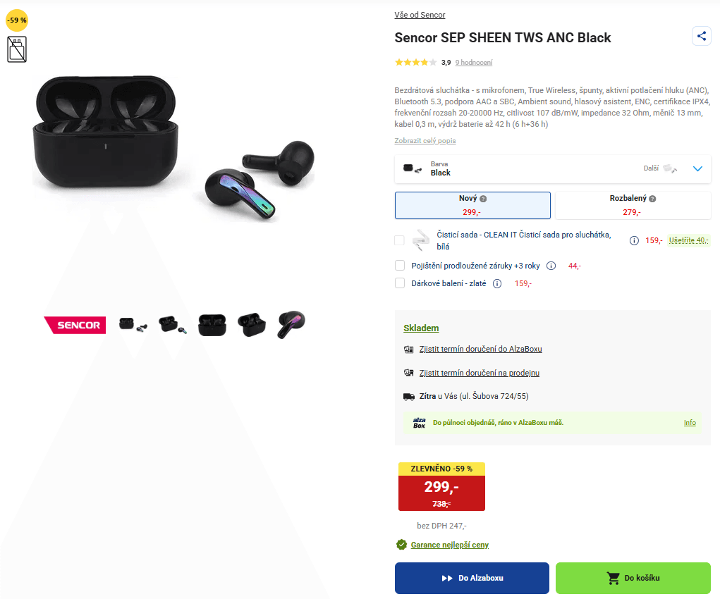 BT sluchátka Sencor, TWS, ANC, 42 hodin