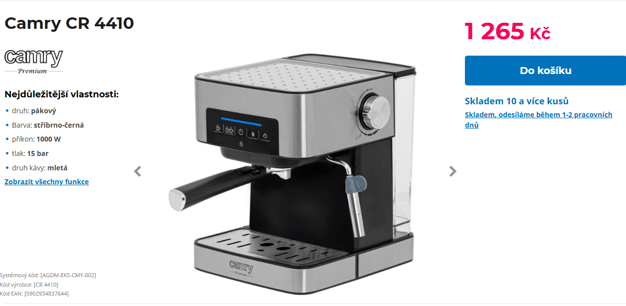 Pákový kávovar Camry, 15 bar, mletá káva