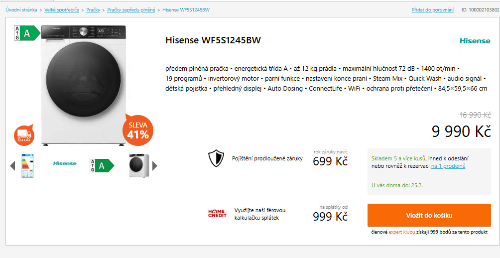 Pračka Hisense 12 kg, 1400ot., pára, A, Wifi