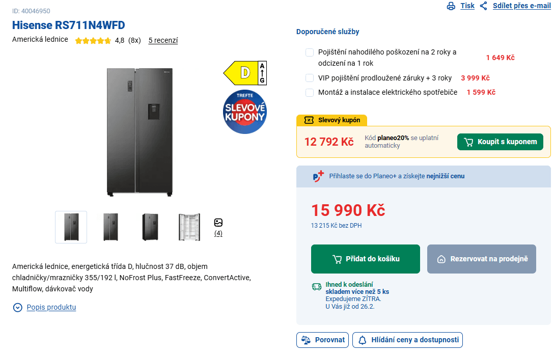 Americká lednice Hisense, voda, TNF, 179cm