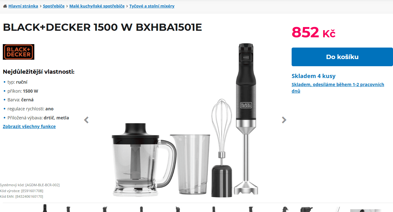 Tyčový mixér Black+Decker, sekání, šlehání