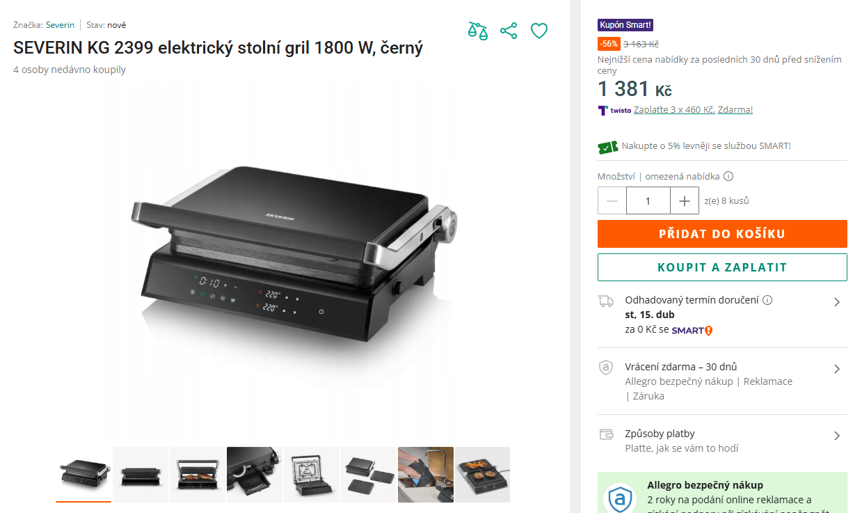 Kontaktní gril Severin 30x20 cm, 5 programů