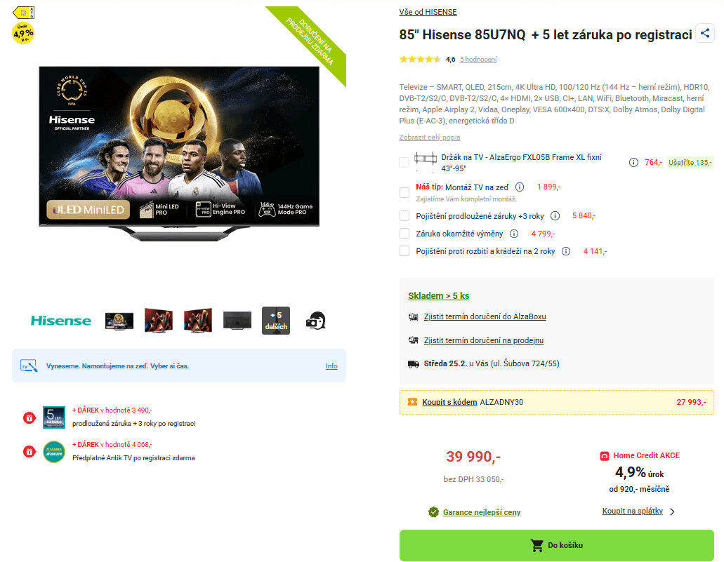 4K QLED 144Hz, Atmos, 215 cm, Hisense