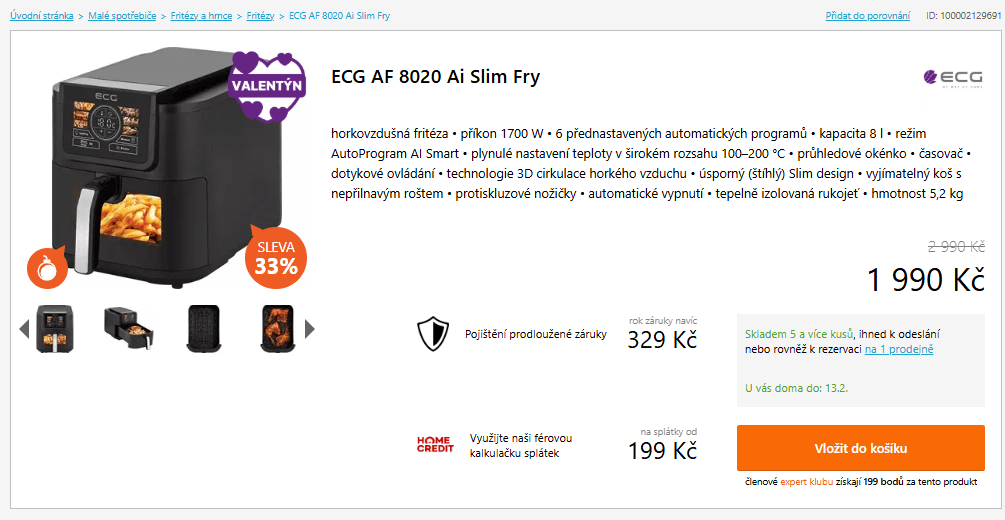 Horkovzdušná fritéza ECG Ai Slim, 8 l.