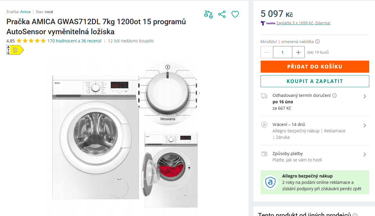 Pračka Amica, 7 kg, 1200 ot., 40cm