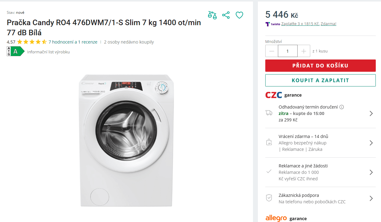 Pračka Candy 7kg, 1400ot., Wifi, pára, 45cm