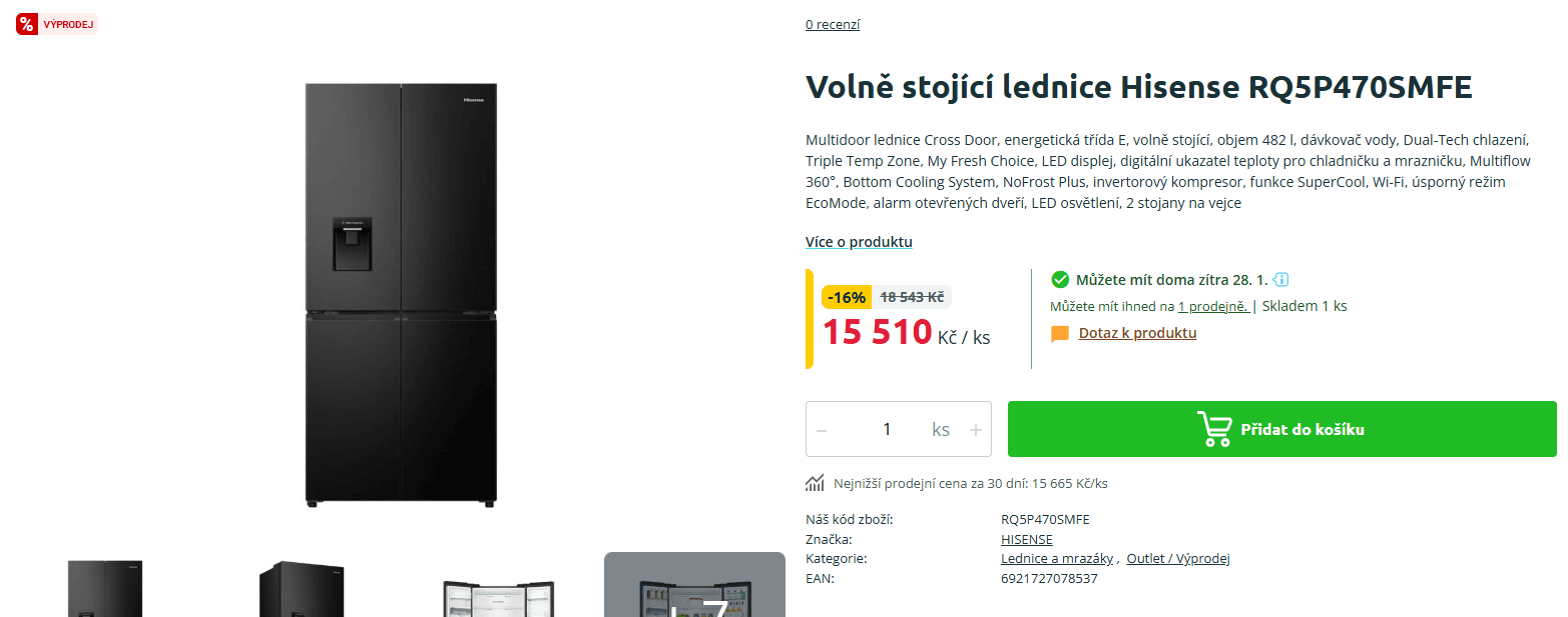 Am. lednice Hisense, voda, TNF, 179cm