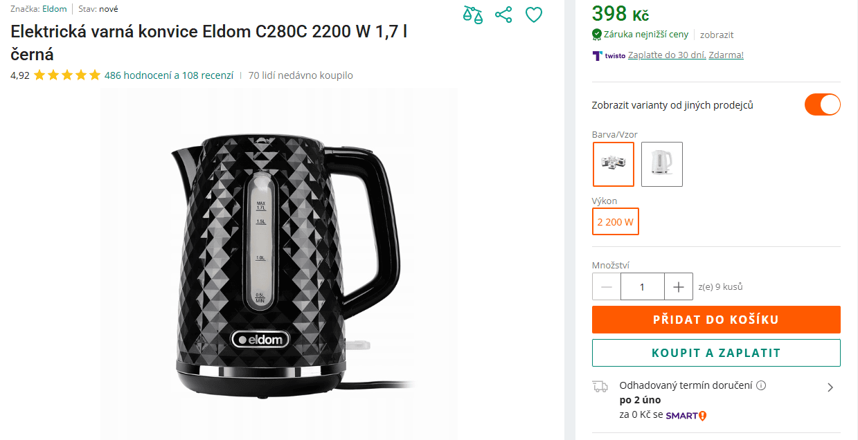 Rychlovarná konvice Eldom 1,7 l., 2200 W