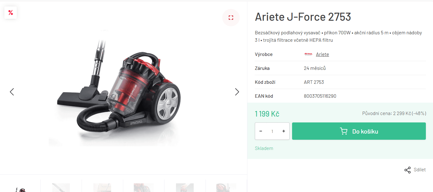 Bezsáčkový vysavač  Ariete J-Force, Hepa