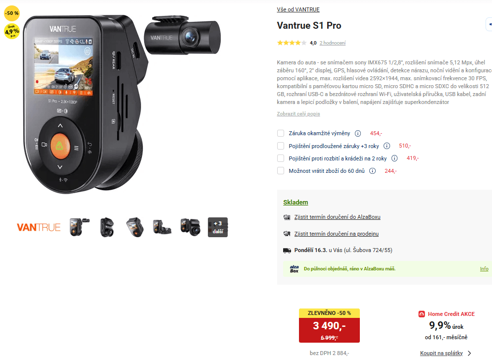 Přední a zadní kamera do auta Vantrue, Wifi