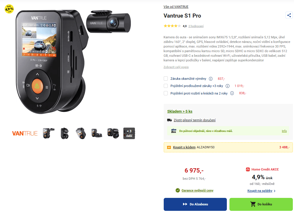 Přední a zadní kamera do auta Vantrue, Wifi