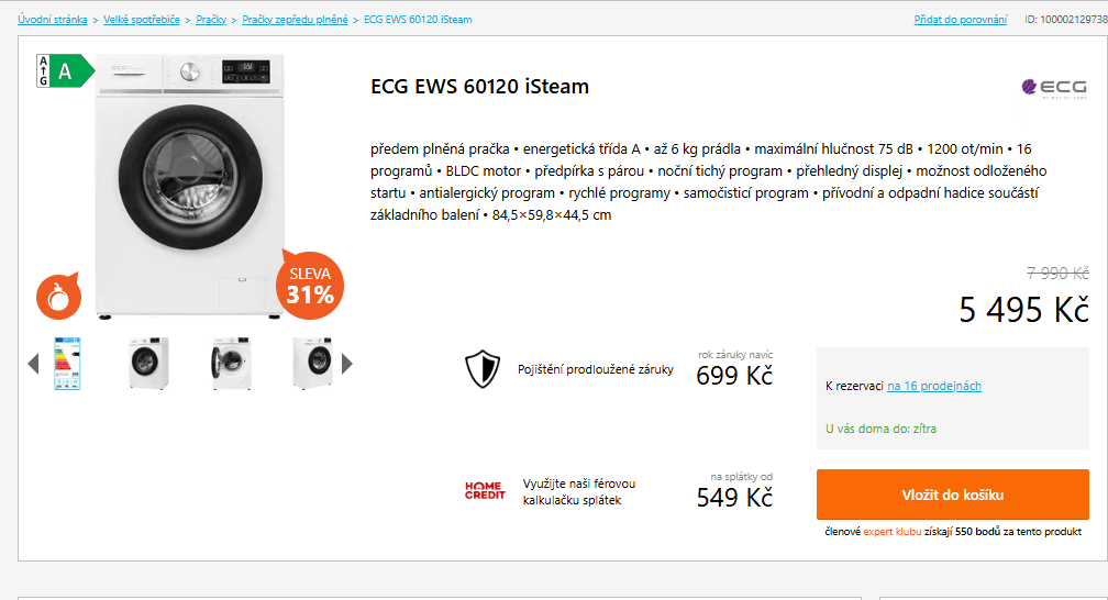 Parní pračka ECG 6kg, 1200ot., A, 44,5cm