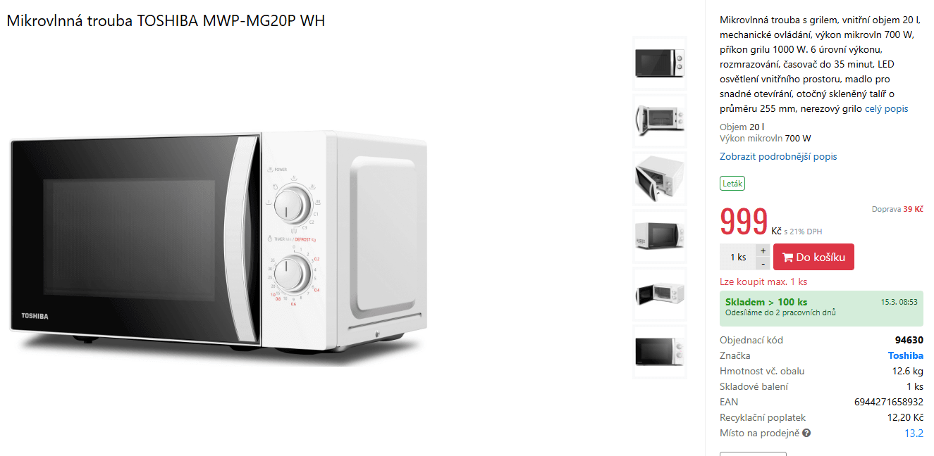 Mikrovlnná trouba Toshiba, gril, 25,5 cm