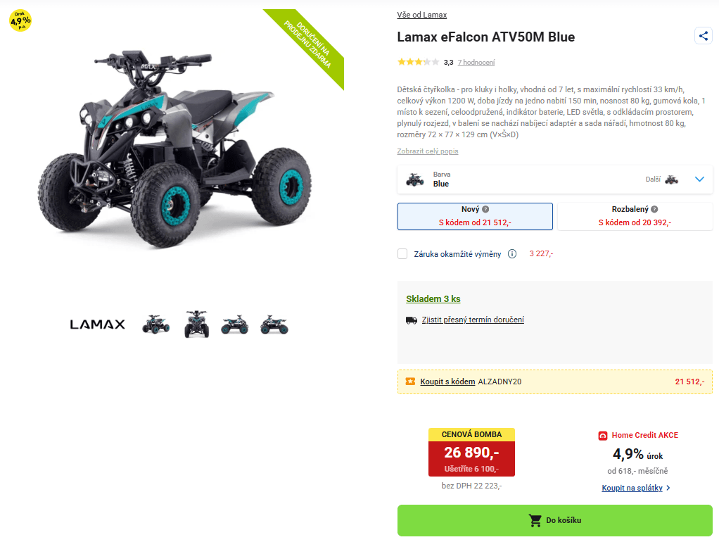 Dětská čtyřkolka Lamax, 33 km/h, 30km, 80kg