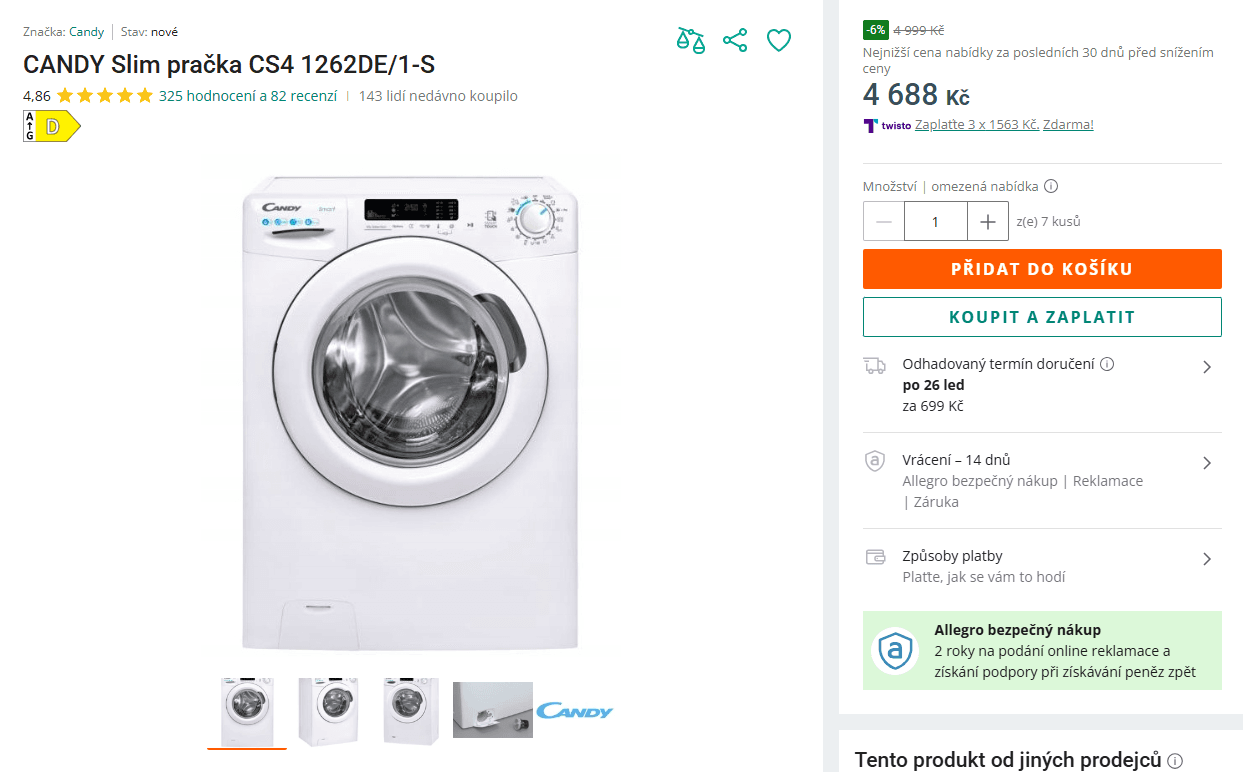 Pračka Candy 6 kg, 1200 ot., NFC, 43 cm