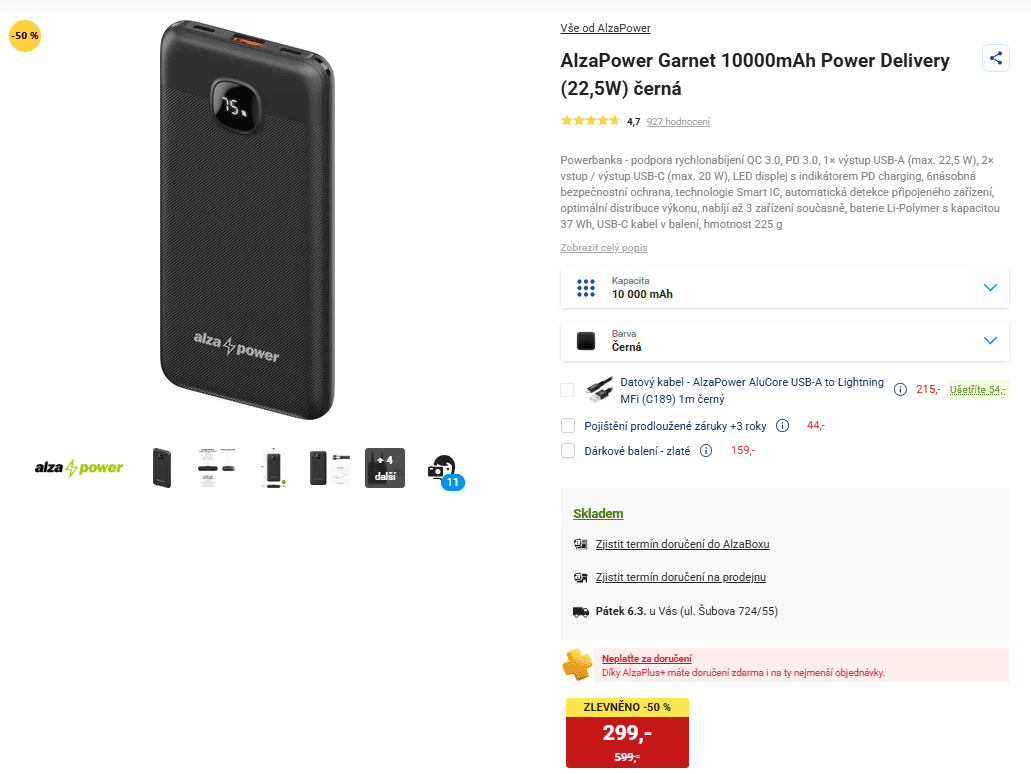 Powerbanka AlzaPower 10000mAh, 22,5 W