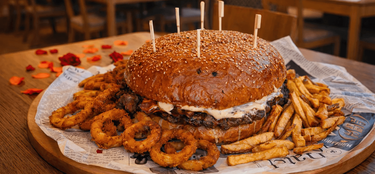 Obří burger pro 4 osob a k němu hranolky, cibulové kroužky, dip i pití 