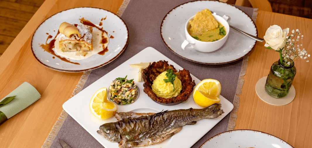 Čtyřchodové degustační menu s možností chytání pstruhů pro 2 osoby