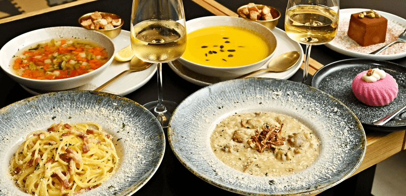 3chod. italské degustační menu pro dva: polévka, hlavní chod, dezert i víno 