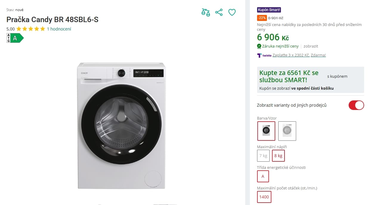 Pračka Candy 8 kg, 1400 ot., A, Wifi, BT, úzká