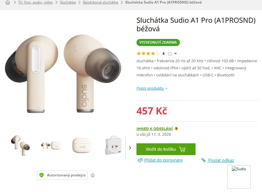 BT sluchátka Sudio A1 Pro, ANC, TWS, 30hod