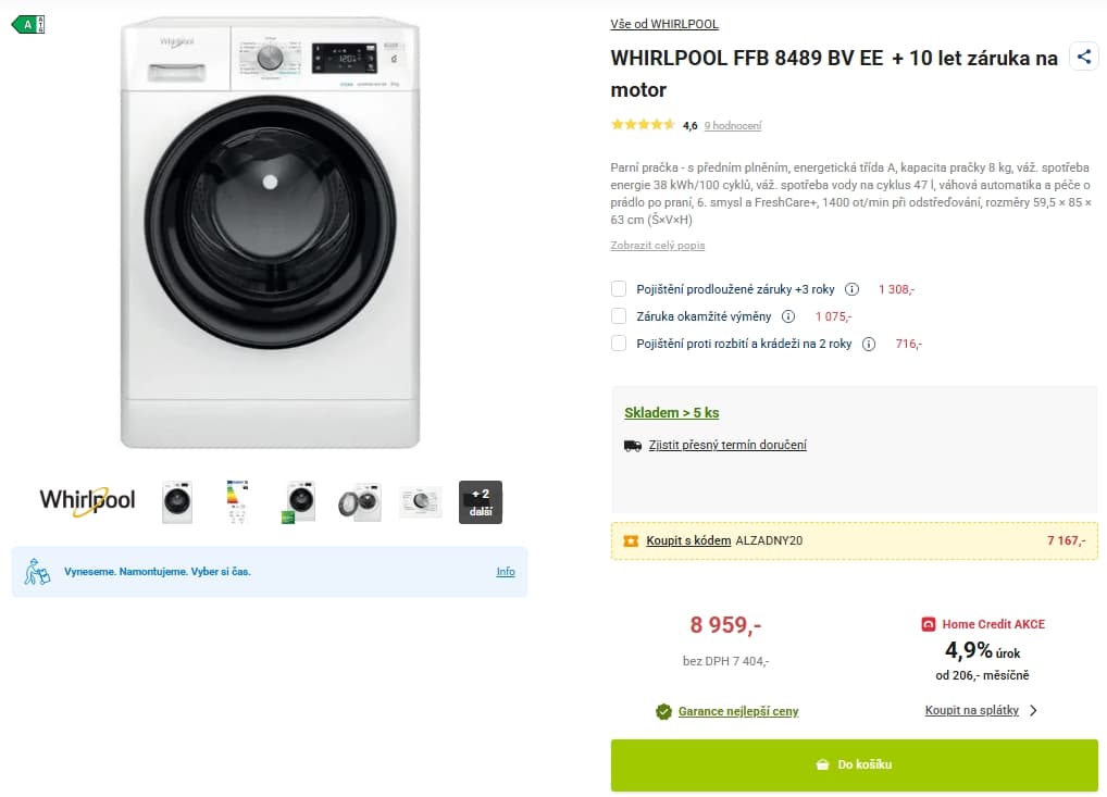 Parní pračka Whirlpool, 8 kg, 1400 ot., A