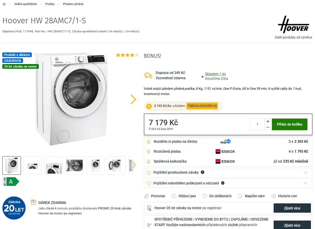 Pračka Hoover 8kg, 1200 ot., Wifi, BT, A, pára